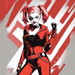 A digital art image showcasing Harley Quinn in her iconic red and black costume