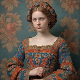 An image in the style of Renaissance art depicting a dignified young lady. She is adorned with a tastefully knitted garment carrying intricate occasion patterns in a sublime play of colors, exuding an aura of timeless elegance.