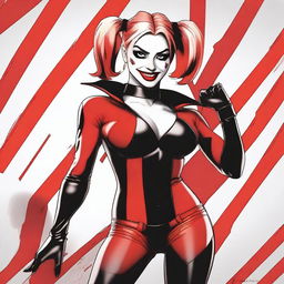 A digital art image showcasing Harley Quinn in her iconic red and black costume