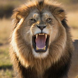 Close-up of a roaring lion with a golden mane against a backdrop of a sunlit savannah, glistening with morning dew.