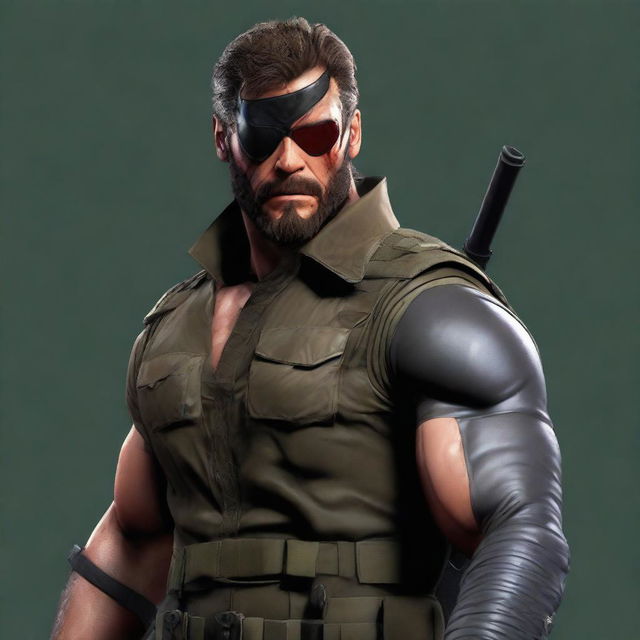 A highly-detailed digital art image of Venom Snake from the Metal Gear Solid series