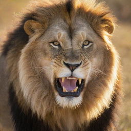 Close-up of a roaring lion with a golden mane against a backdrop of a sunlit savannah, glistening with morning dew.