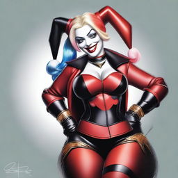 An image of a curvy Harley Quinn, rendered in high-quality digital art