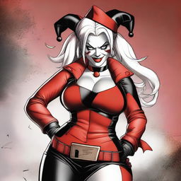 An image of a curvy Harley Quinn, rendered in high-quality digital art