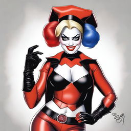 An image of a curvy Harley Quinn, rendered in high-quality digital art