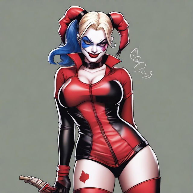 An image of a curvy Harley Quinn, rendered in high-quality digital art