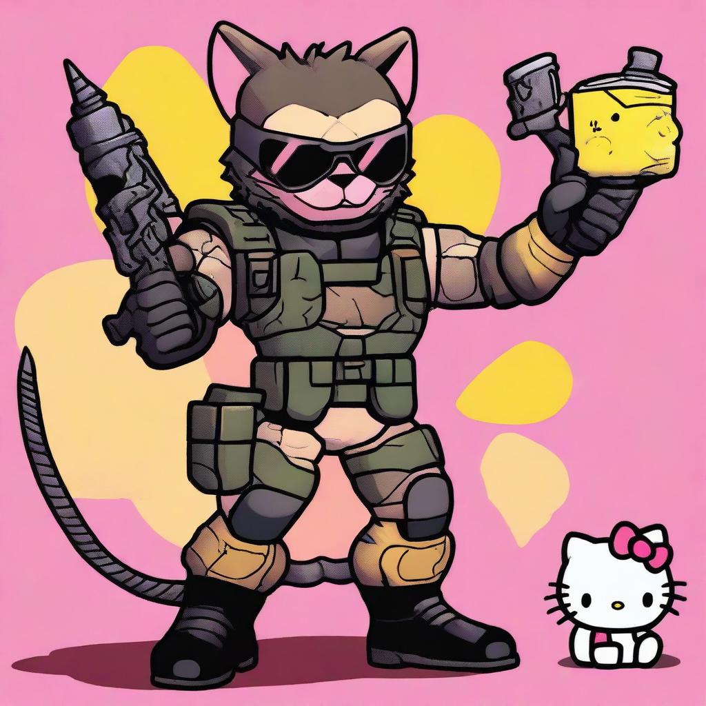 A high-quality digital art image featuring Venom Snake from the Metal Gear Solid series, set against a colorful and vibrant Hello Kitty background