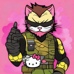 A high-quality digital art image featuring Venom Snake from the Metal Gear Solid series, set against a colorful and vibrant Hello Kitty background