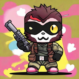 A high-quality digital art image featuring Venom Snake from the Metal Gear Solid series, set against a colorful and vibrant Hello Kitty background