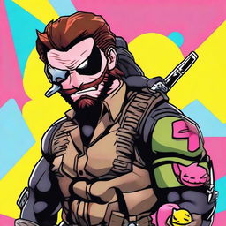 A high-quality digital art image featuring Venom Snake from the Metal Gear Solid series, set against a colorful and vibrant Hello Kitty background