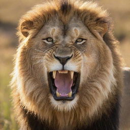 Close-up of a roaring lion with a golden mane against a backdrop of a sunlit savannah, glistening with morning dew.