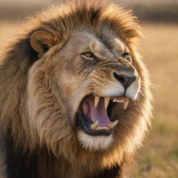 Close-up of a roaring lion with a golden mane against a backdrop of a sunlit savannah, glistening with morning dew.