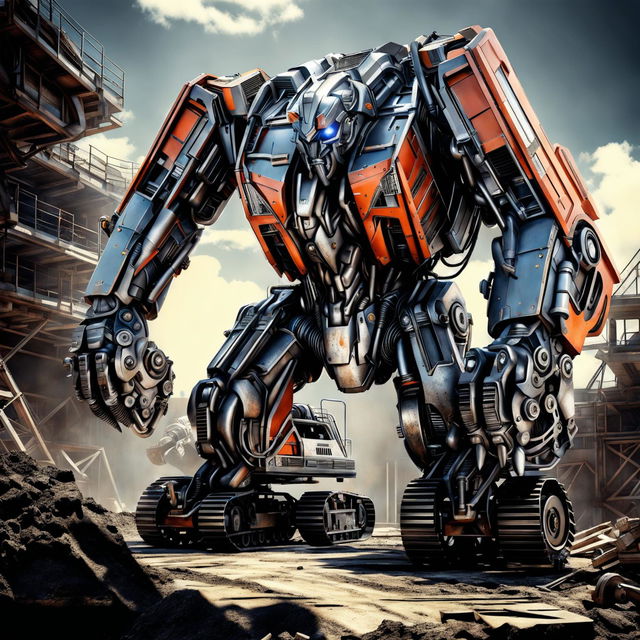 This high-quality digital art image depicts an excavator transformed into a Transformer