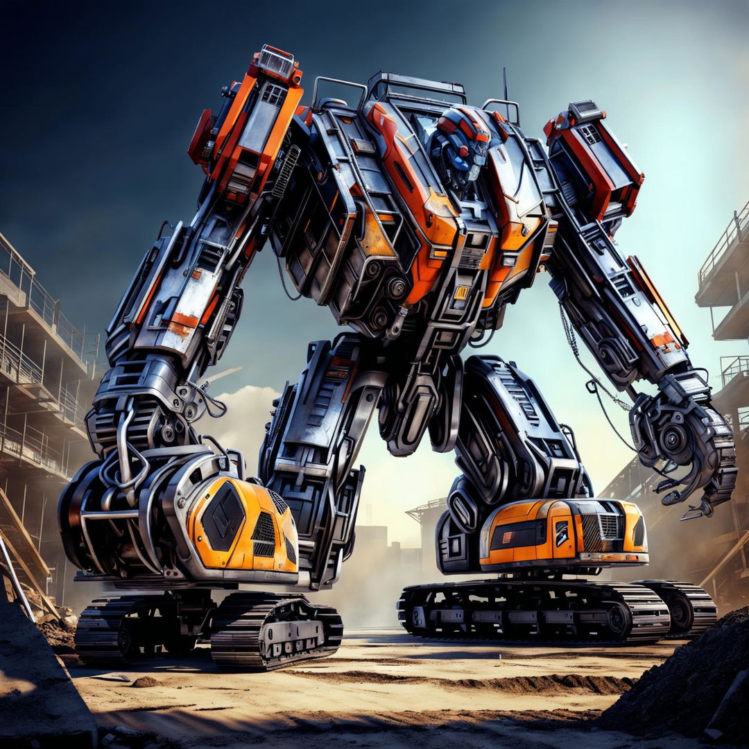 This digital art image showcases an excavator transformed into an Autobot from the Transformers series