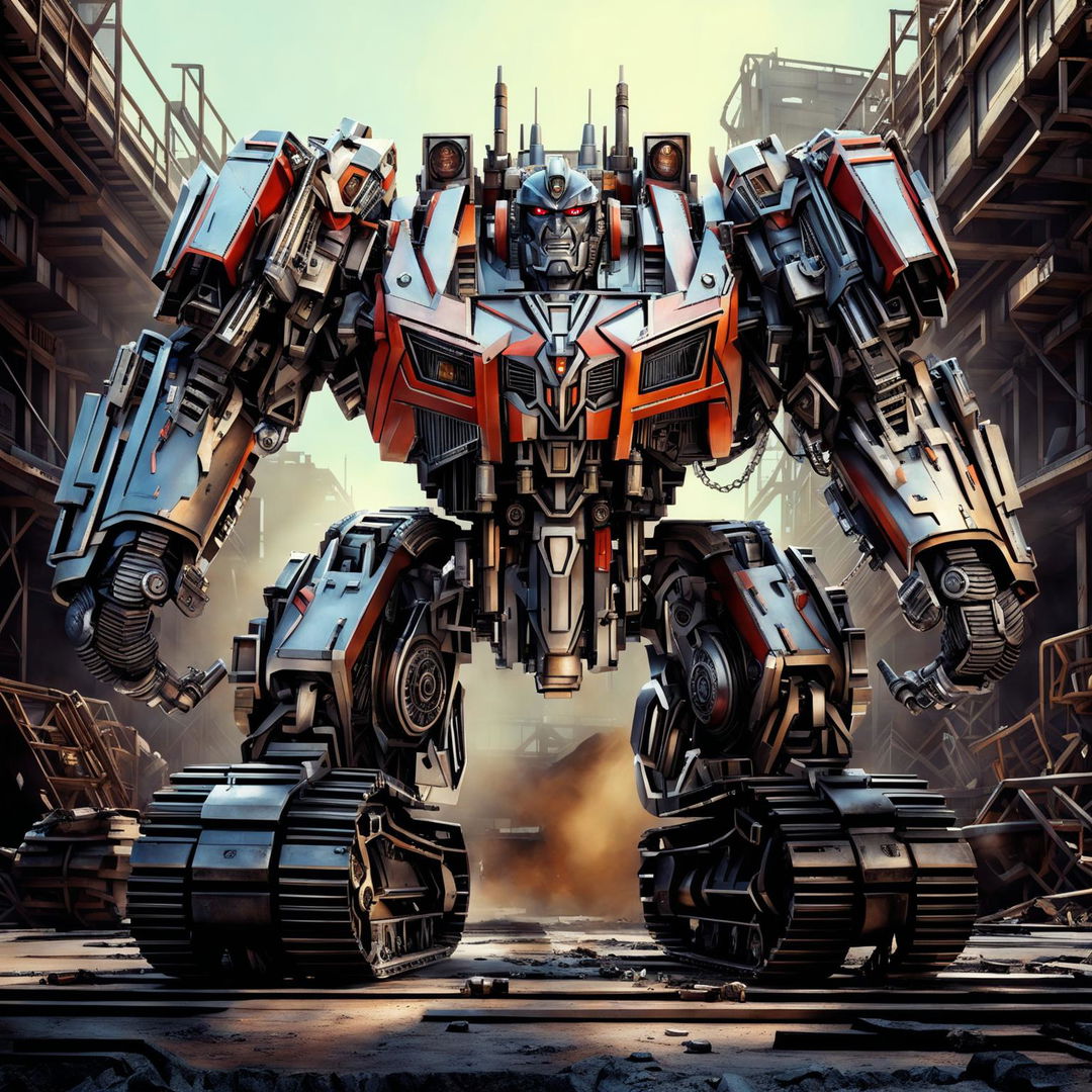 This digital art image portrays a bulldozer transformed into a formidable Autobot from the Transformers series