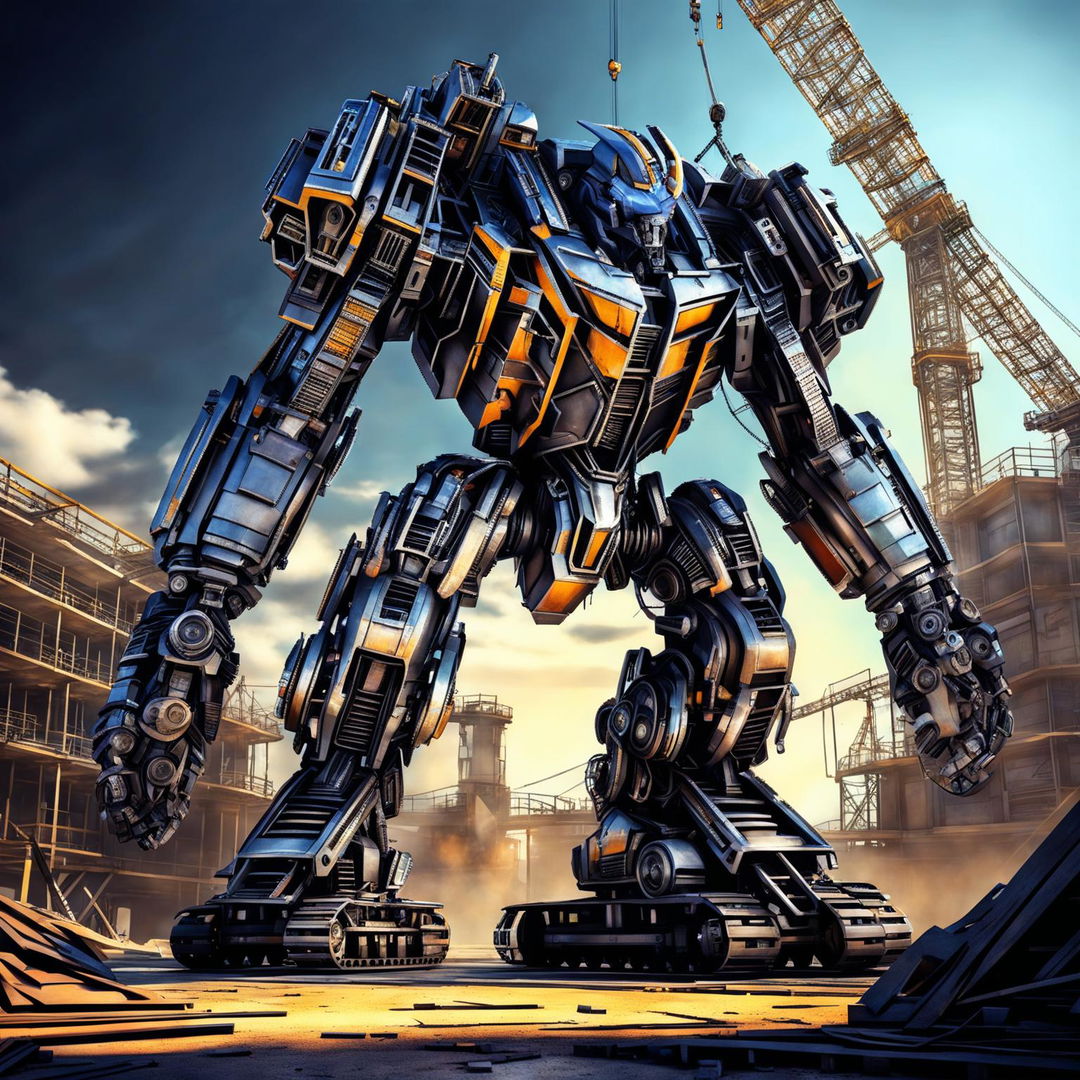 This digital art image showcases a crane transformed into an Autobot from the Transformers series