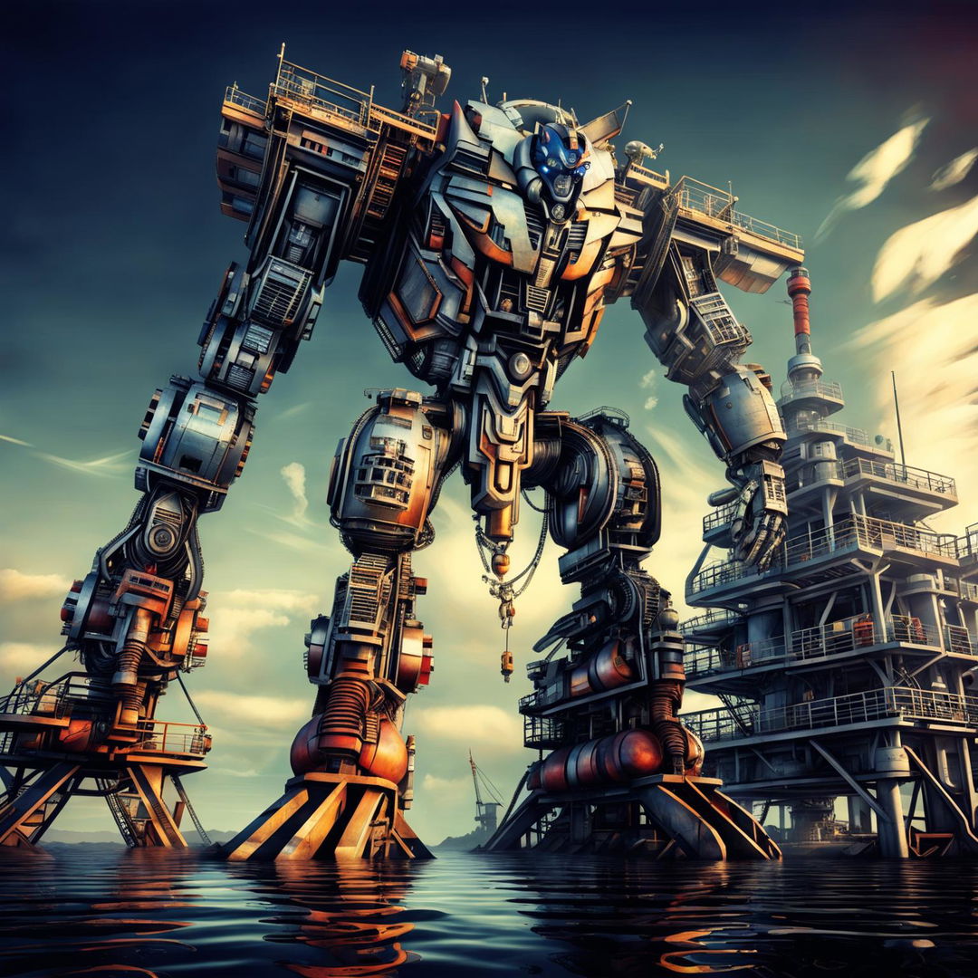 This digital art image portrays an oil rig transformed into a gigantic Autobot from the Transformers series