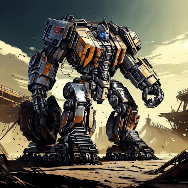 This digital art image showcases a tank transformed into an Autobot from the Transformers series