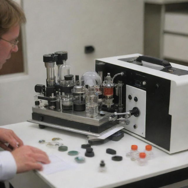 A close-up view of a specimen being prepared for Atomic Emission Spectroscopy (SEA), emphasizing the various instruments and procedures involved.