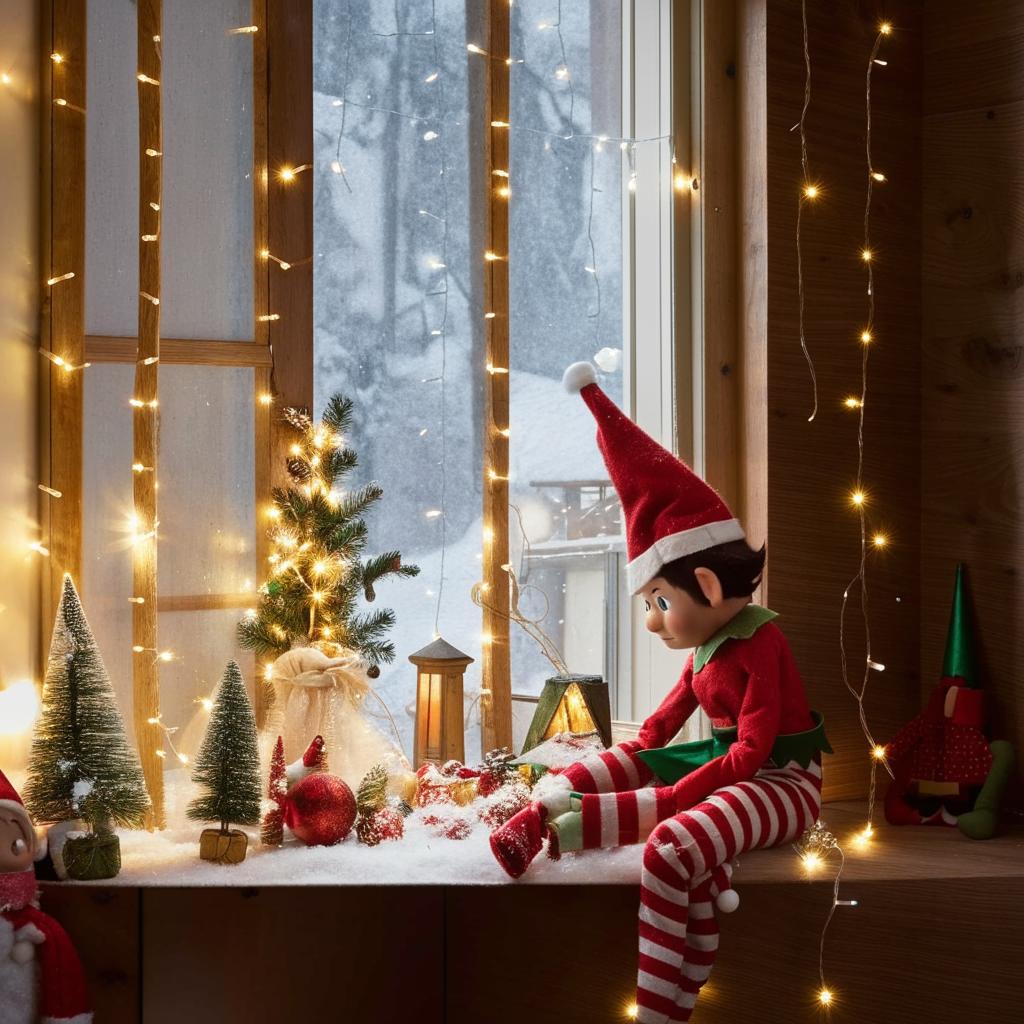 A mischievous elf sitting on a wooden shelf in a warm, cozy room, filled with holiday decorations, string lights and snow outside the window.