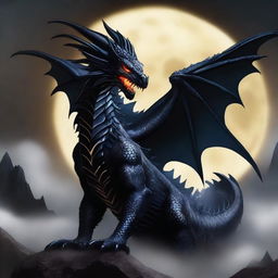 An awe-inspiring digital art piece showcasing a majestic black dragon, its scales reflecting the moonlight