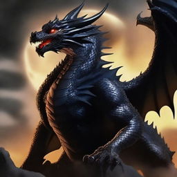 An awe-inspiring digital art piece showcasing a majestic black dragon, its scales reflecting the moonlight