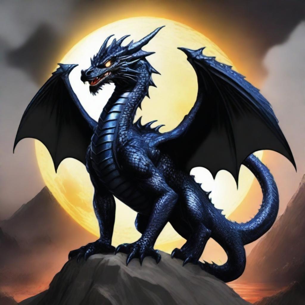 An awe-inspiring digital art piece showcasing a majestic black dragon, its scales reflecting the moonlight