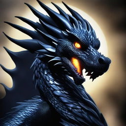 An awe-inspiring digital art piece showcasing a majestic black dragon, its scales reflecting the moonlight