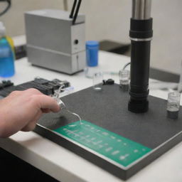 A close-up view of a specimen being prepared for Atomic Emission Spectroscopy (SEA), emphasizing the various instruments and procedures involved.