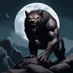 A high-quality digital art piece depicting a fearsome werewolf under a full moon