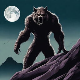 A high-quality digital art piece depicting a fearsome werewolf under a full moon