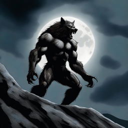 A high-quality digital art piece depicting a fearsome werewolf under a full moon