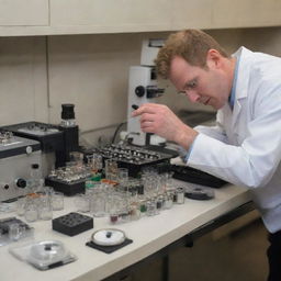 A close-up view of a specimen being prepared for Atomic Emission Spectroscopy (SEA), emphasizing the various instruments and procedures involved.