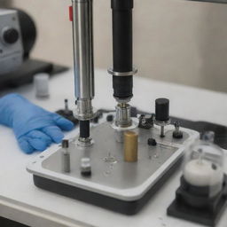 A close-up view of a specimen being prepared for Atomic Emission Spectroscopy (SEA), emphasizing the various instruments and procedures involved.