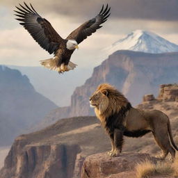 A majestic eagle soaring above a proud lion in an inspiring landscape setting