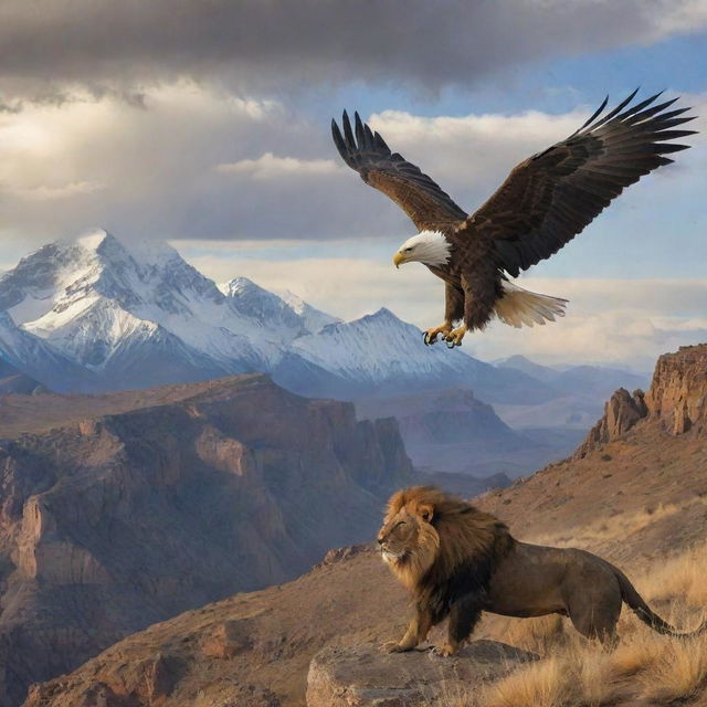 A majestic eagle soaring above a proud lion in an inspiring landscape setting