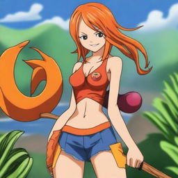 A high-quality digital art image featuring Nami, a character from the One Piece series