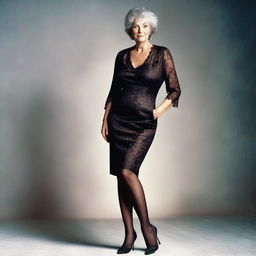 An ultra-realistic photograph captures a 60-year-old woman in a stylish ensemble