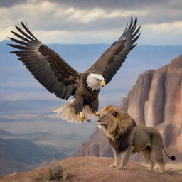 A majestic eagle soaring above a proud lion in an inspiring landscape setting