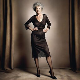 An ultra-realistic photograph captures a 60-year-old woman in a stylish ensemble