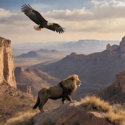 A majestic eagle soaring above a proud lion in an inspiring landscape setting