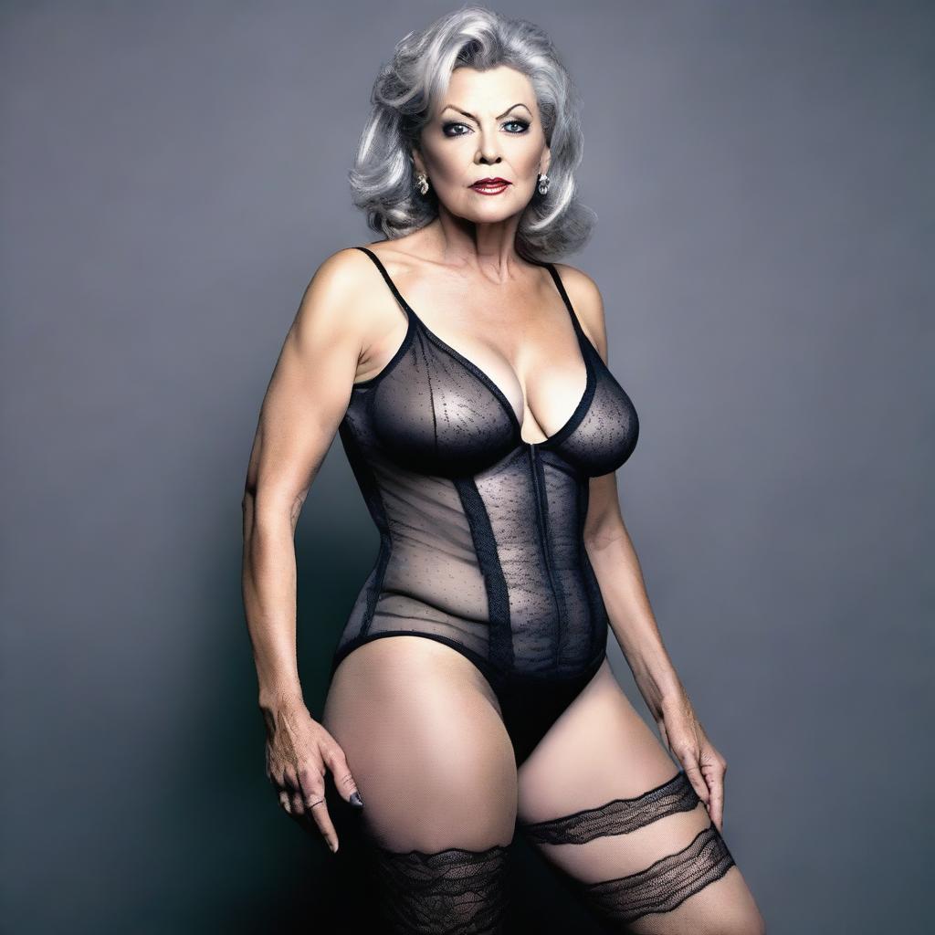 This is an ultra-realistic photograph of a 60-year-old woman in a daring outfit