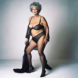 This is an ultra-realistic photograph of a 60-year-old woman in a daring outfit