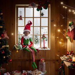 A mischievous elf sitting on a wooden shelf in a warm, cozy room, filled with holiday decorations, string lights and snow outside the window.