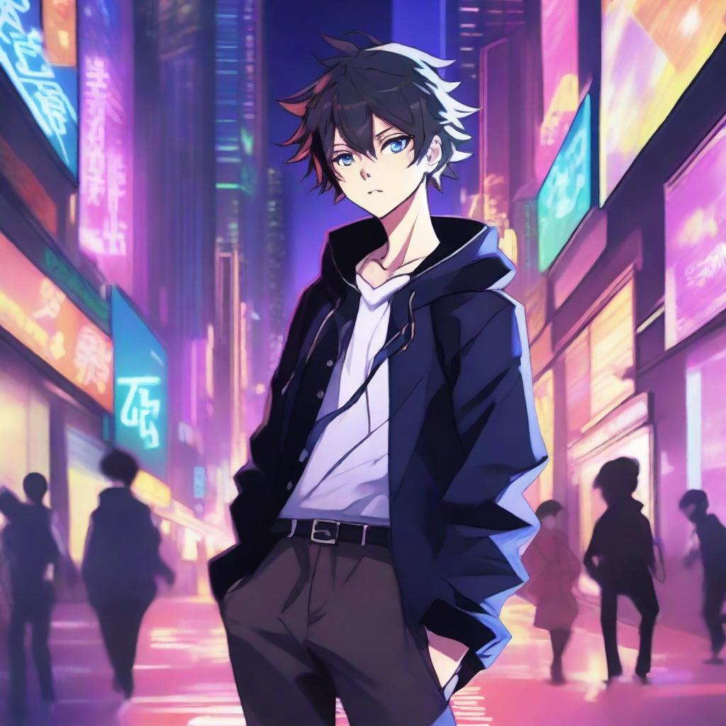 A high-quality digital art image captures an anime boy named Ren stepping into the neon-lit streets of a city at night