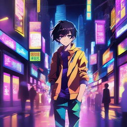 A high-quality digital art image captures an anime boy named Ren stepping into the neon-lit streets of a city at night