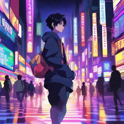 A high-quality digital art image captures an anime boy named Ren stepping into the neon-lit streets of a city at night