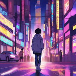 A high-quality digital art image captures an anime boy named Ren stepping into the neon-lit streets of a city at night