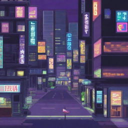 A high-resolution pixel art image presents a vibrant and bustling metropolis under neon lights