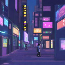 A high-resolution pixel art image presents a vibrant and bustling metropolis under neon lights